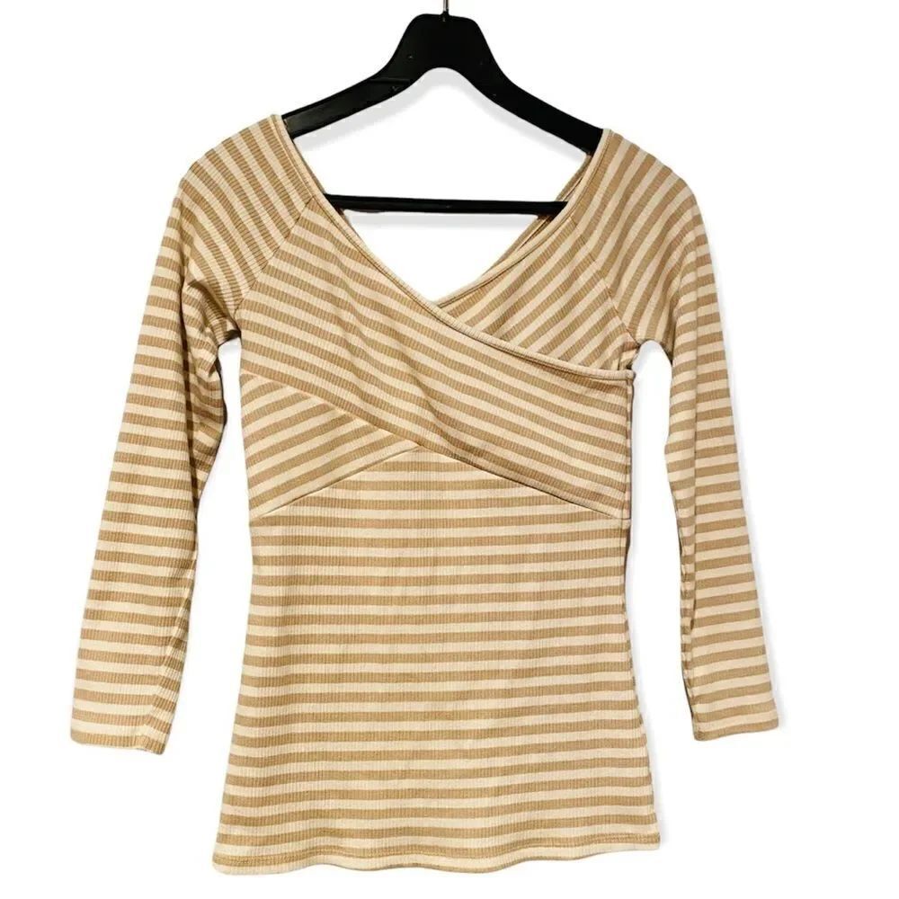 ANTHROPOLOGIE DELETTA TAN/WHITE STRIPED CROSS FRONT TOP SIZE XS